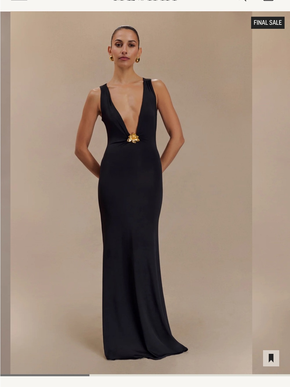 Meshki Black Plunge Maxi Dress with Gold Floral Detail